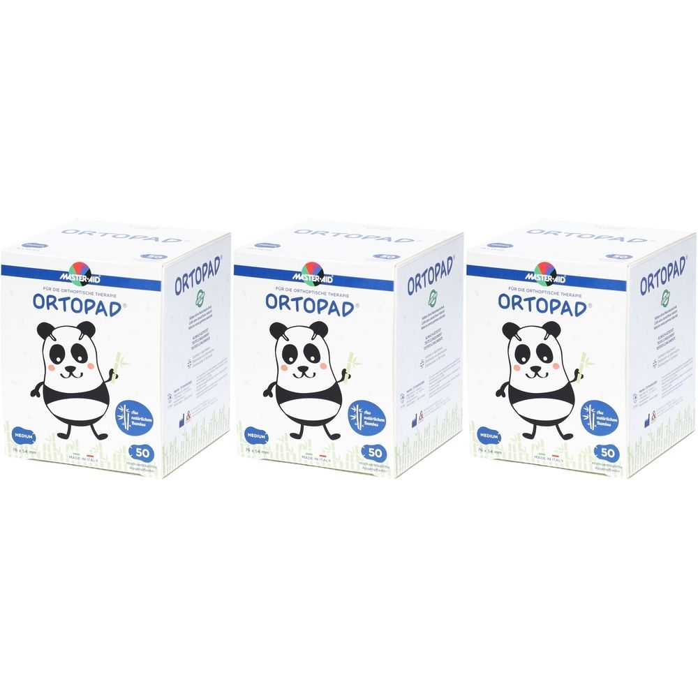Drei Kartons ORTOPAD. Aufdruck: Panda-Illustration, 50 Stück. Blaue und weiße Verpackung.