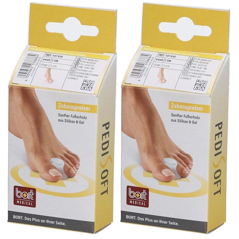 Zwei Packungen Zehenspreizer. Verpackung mit Produktabbildung und Markenlogo. Aufschrift: PediSoft, Bort Medical.
