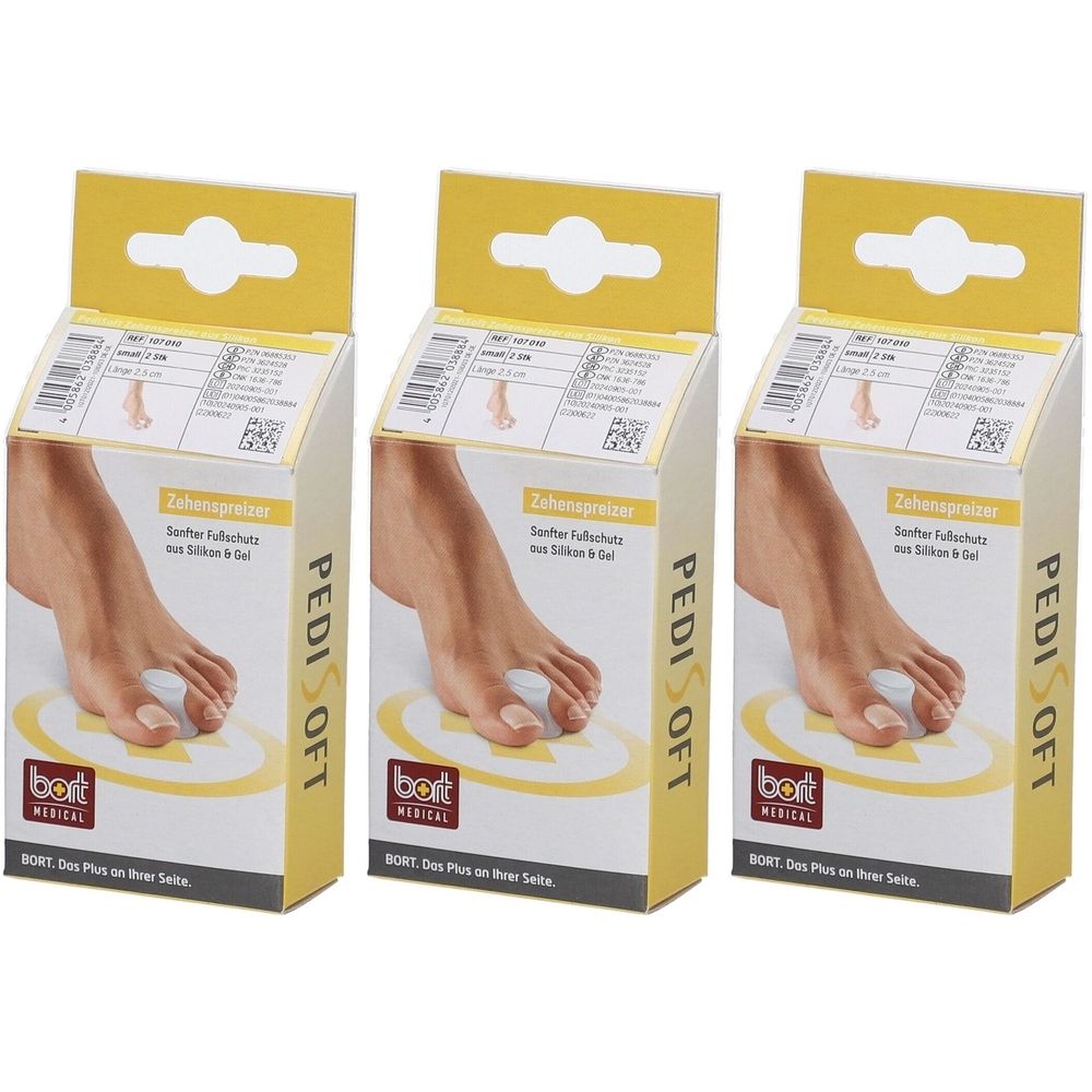 Drei Produktverpackungen. Auf jeder Schachtel ist ein Fuß mit Zehenspreizer abgebildet. Aufdruck: PediSoft, Bort Medical.