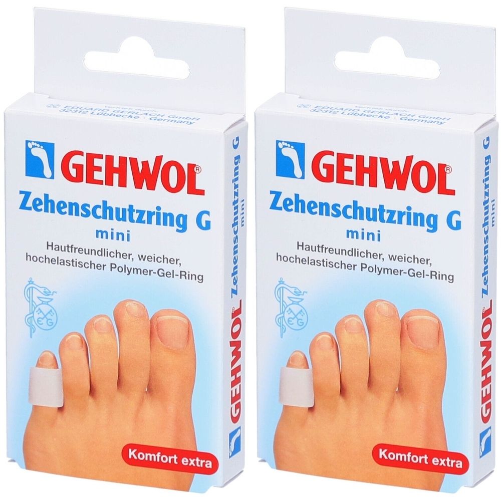 Zwei Packungen GEHWOL Zehenschutzring G mini. Weiße Ringe auf Zehen abgebildet. Text: Hautfreundlicher, weicher, hochelastischer Polymer-Gel-Ring.