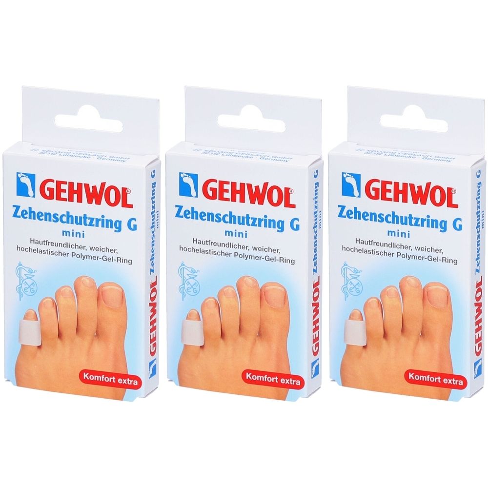 Drei Schachteln GEHWOL Zehenschutzring G mini. Jede Schachtel zeigt einen Fuß mit Zehenschutzringen. Text: Komfort extra.