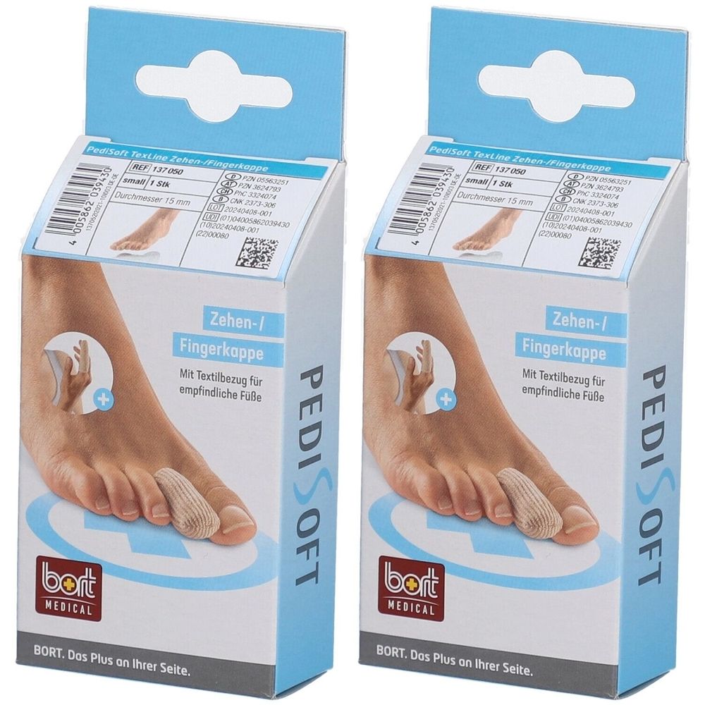Zwei Produktverpackungen. Aufdruck: Zehen-/Fingerkappe, PediSoft, bort medical. Abbildung eines Fußes mit Zehenkappe.