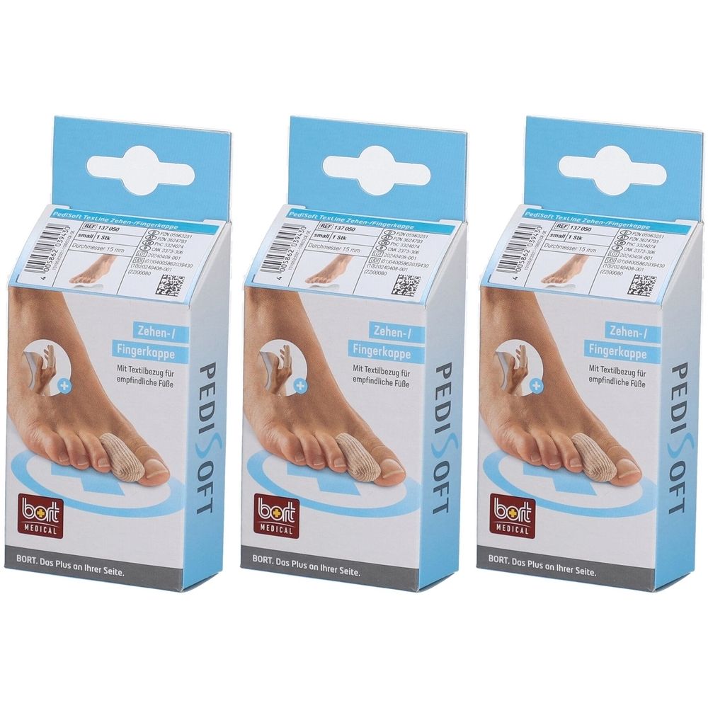 Trois boîtes de produit pour protège-orteils/doigts. Boîtes bleues et blanches avec image et texte du produit. Marque : bort medical.