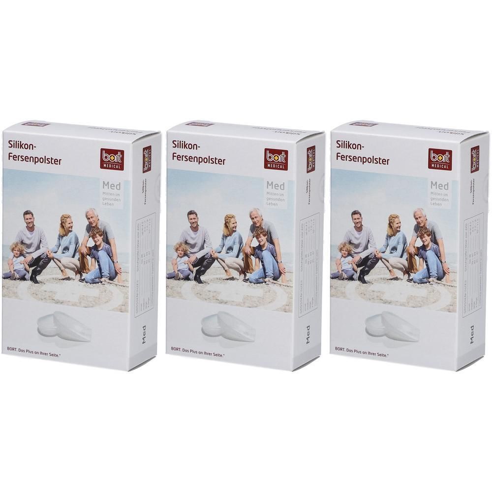 Trois paquets de talonnettes en silicone Bort Med, avec l'image d'une famille.