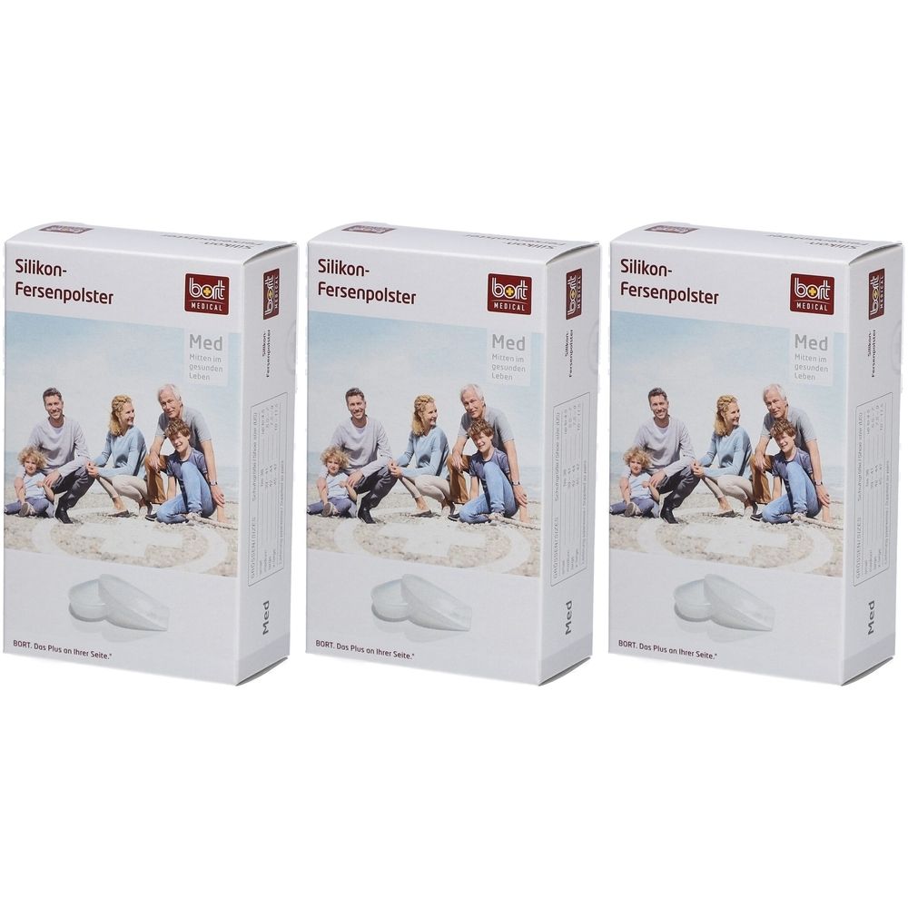Drei Verpackungen von Bort Silikon-Fersenpolster. Weiße Kartons mit Produktabbildung und Text. Größe M.