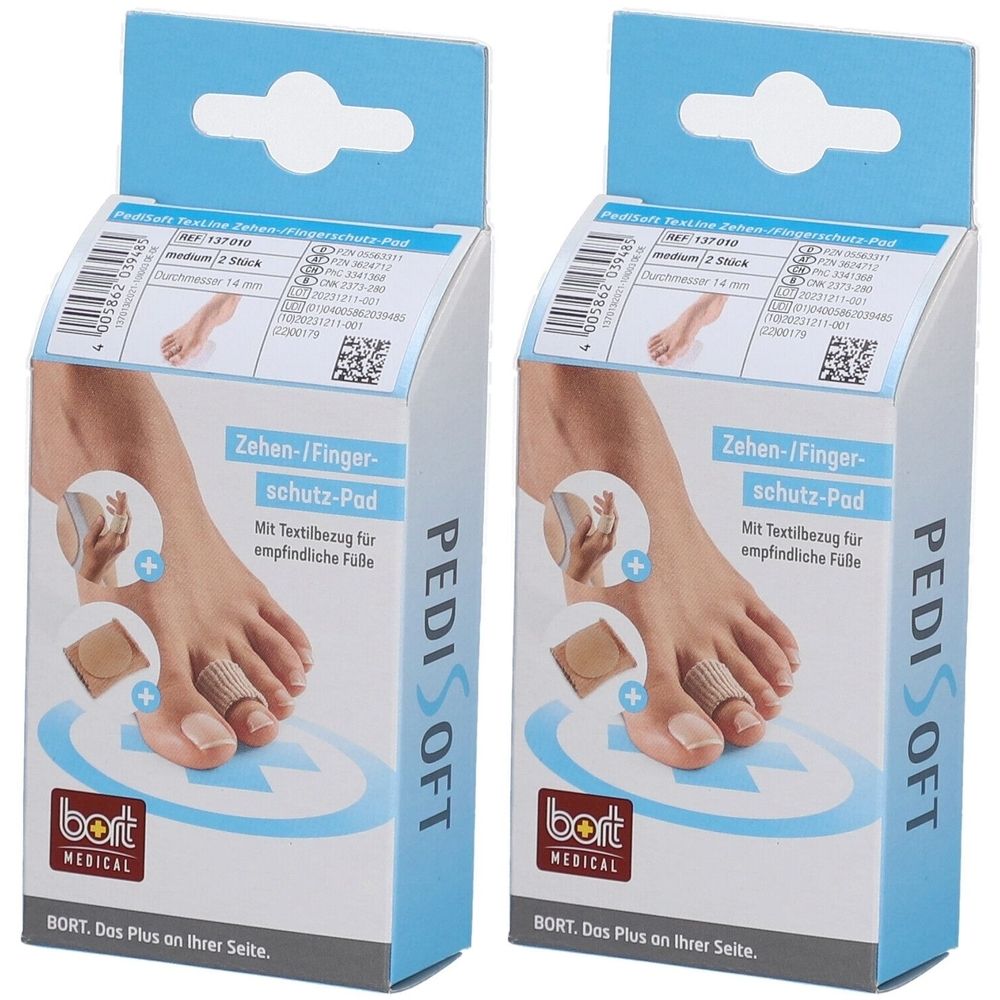 Zwei Packungen PediSoft Zehen-/Fingerschutz-Pad. Verpackung mit Produktabbildung und Produktnamen. Marke: bort MEDICAL.