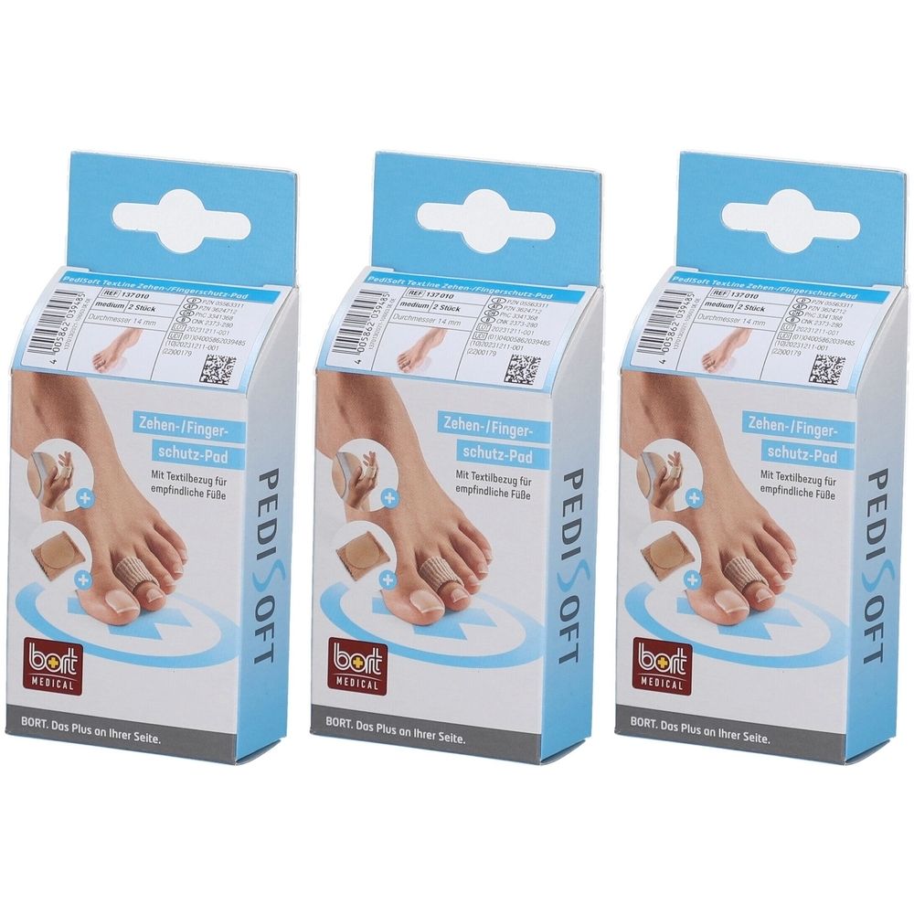 Drei Produktverpackungen von Bort PediSoft TexLine Zehen-/Fingerschutz-Pad. Kartons mit Produktabbildung und blauer Aufhängung.