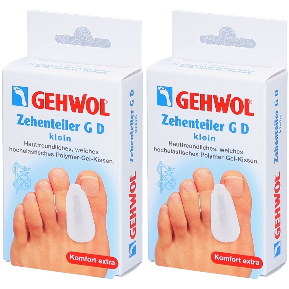 Zwei Schachteln mit GEHWOL Zehenteiler G D klein. Aufdrucke: Marke, Produktname, Text. Gezeigt wird ein Fuß mit Zehentrenner.