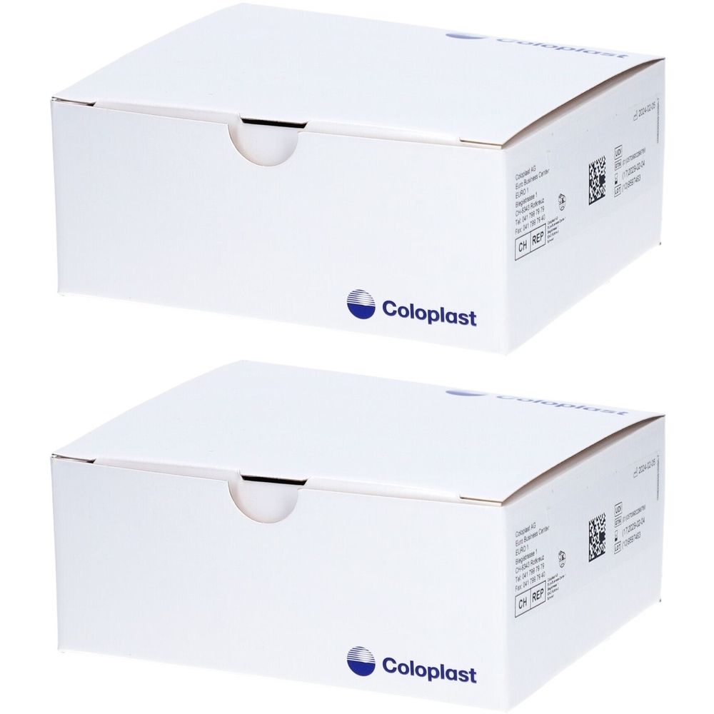 Zwei weiße Kartons mit dem Logo von Coloplast. Auf den Kartons sind Informationen und Barcodes abgebildet.