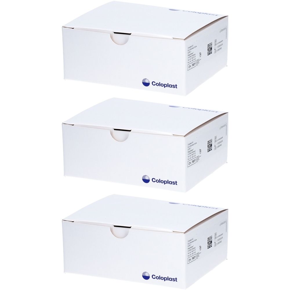 Drei weiße Kartons mit Coloplast-Logo. Die Kartons sind rechteckig mit abgerundeten Deckeln.