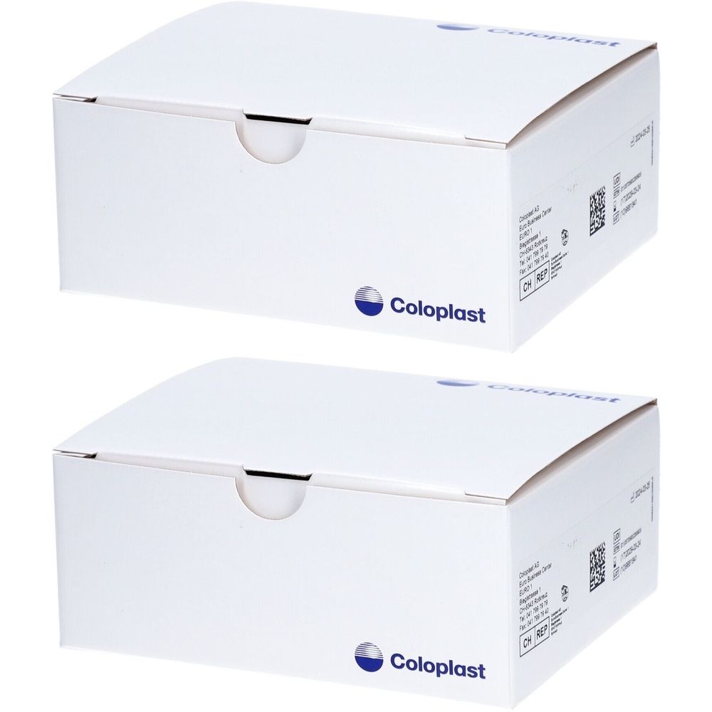 Deux boîtes blanches avec le logo Coloplast. Informations sur le produit et codes-barres imprimés sur les boîtes.