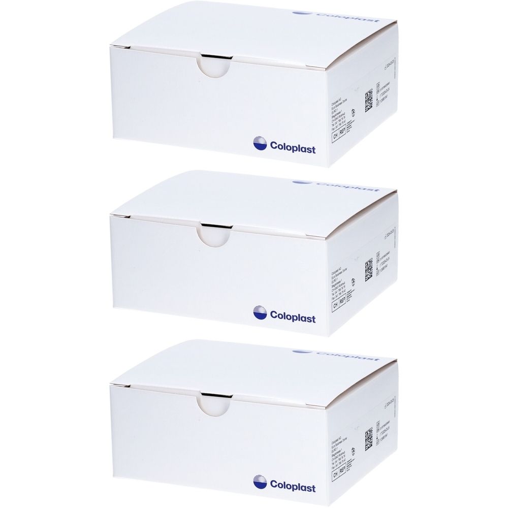 Drei weiße Kartons mit abgerundeten Deckeln. Das Coloplast-Logo ist auf der Vorderseite jedes Kartons zu sehen.