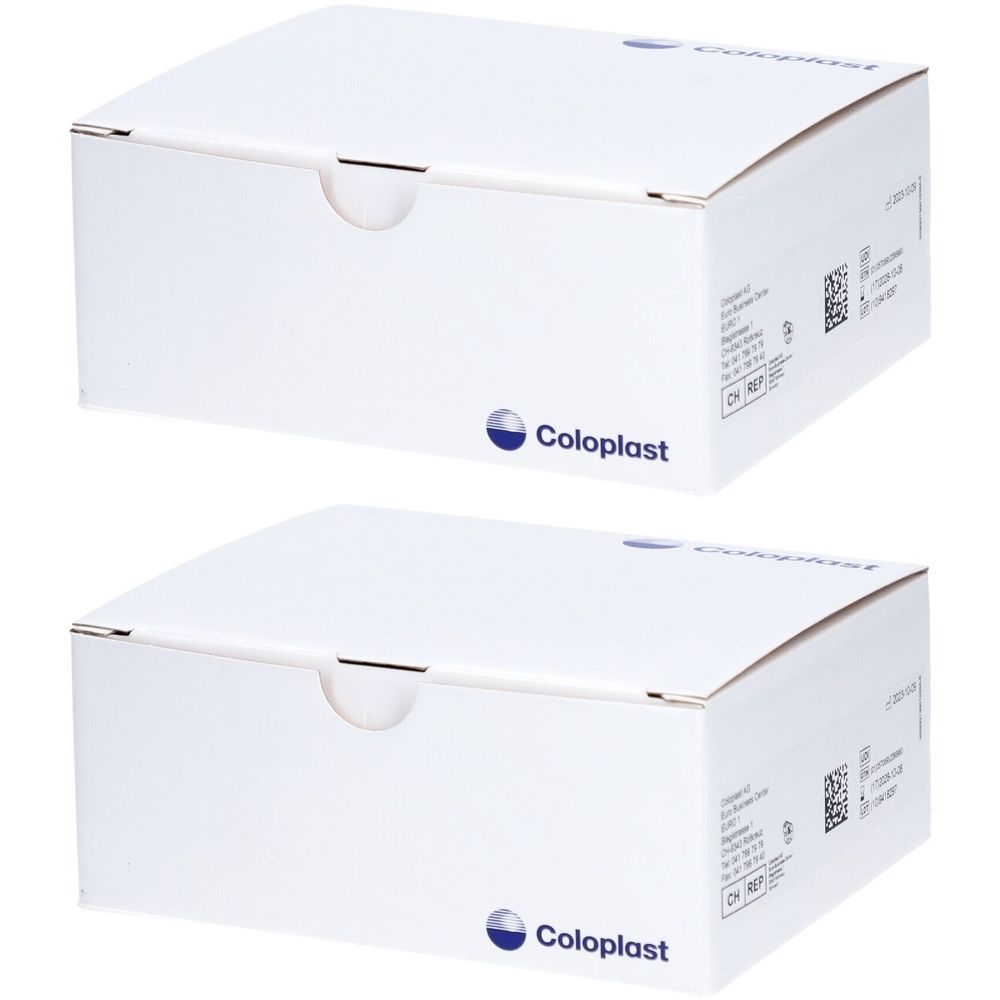 Zwei weiße Kartons mit dem Logo von Coloplast. Aufdrucke mit Produktinformationen und Barcodes.