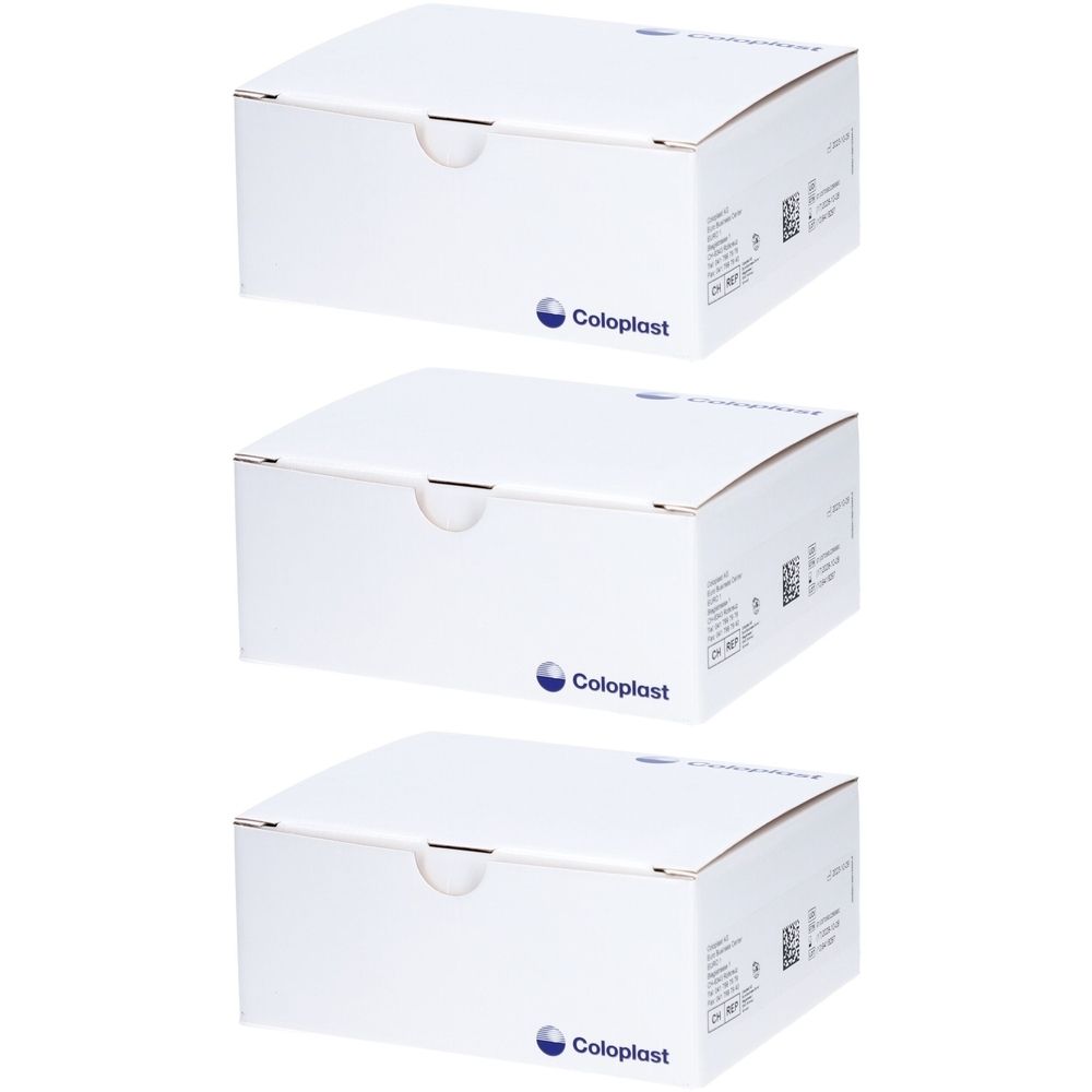 Drei weiße Kartons mit Coloplast-Logo. Jeder Karton hat eine abgerundete Öffnung und Text auf der Seite.
