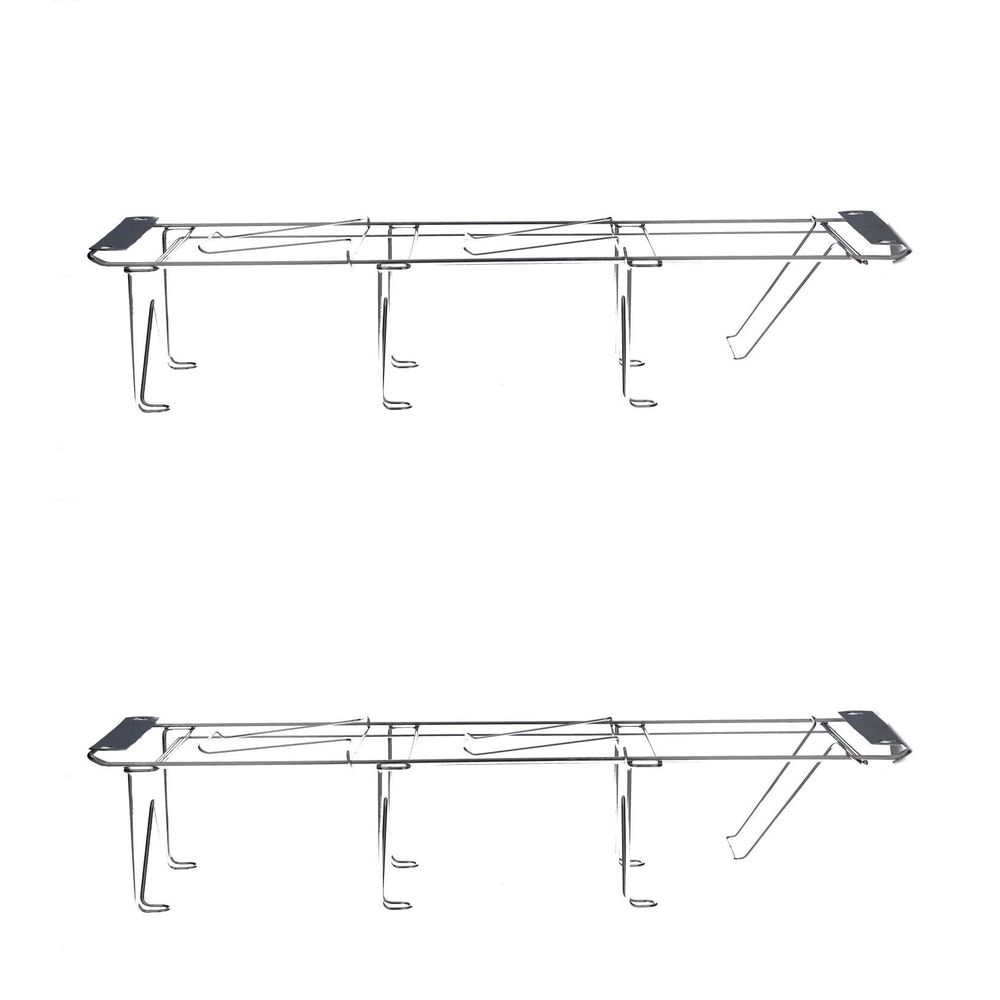 Halter für Untersuchungshandschuhe, dreifach. Metallkonstruktion mit Halterungen und Ablageflächen. Auf weißem Hintergrund.