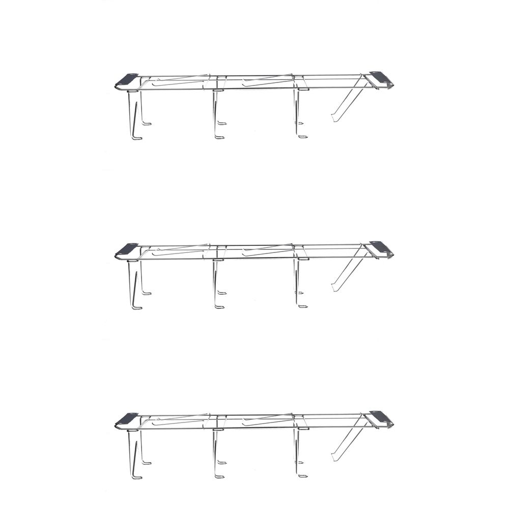 Halter für Untersuchungshandschuhe, dreifach. Metallkonstruktion mit Haken und Ablageflächen. Schwarze Akzente an den Enden.