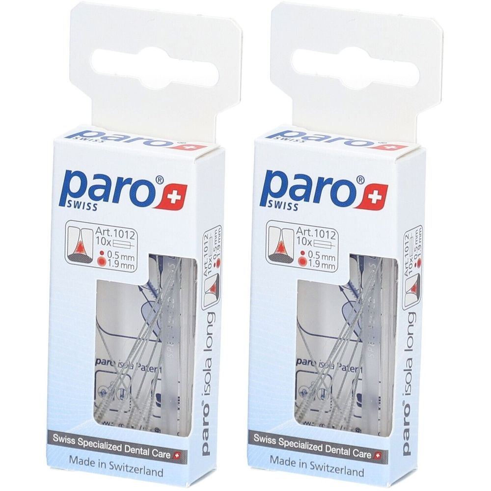 Deux boîtes de paro® Isola Lang Brossettes interdentaires. Emballage blanc avec logo et indications de taille.