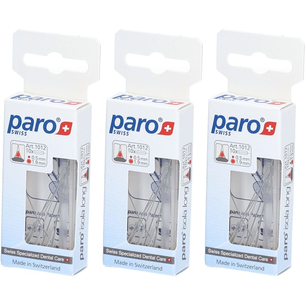 Trois boîtes de paro® Isola Lang Brossettes interdentaires. Chaque boîte affiche le logo et les informations produit. Visible : 1,9 mm.