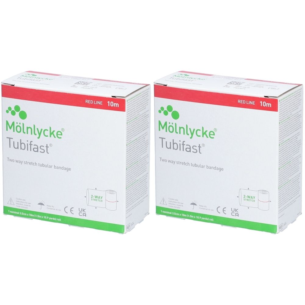 Zwei Kartons mit weißer Verpackung. Aufdruck: Mölnlycke Tubifast, rote Linie, 10 m. Zwei-Wege-Stretch-Schlauchverband.
