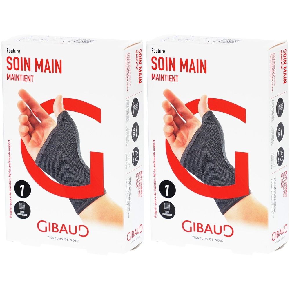 Zwei Produktverpackungen. Aufschrift: SOIN MAIN MAINTIENT. Marke: GIBAUD. Produkt: Handorthese. Größe 1. Abbildung einer Hand mit Orthese.