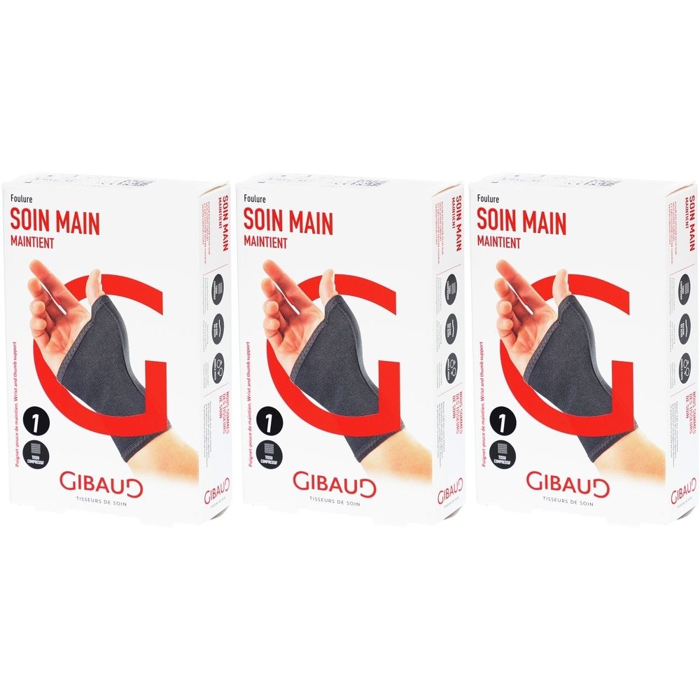 Trois boîtes blanches de GIBAUD Soin Main. Inscription : SOIN MAIN, MAINTIENT, taille 1. Image d'une main avec une orthèse.