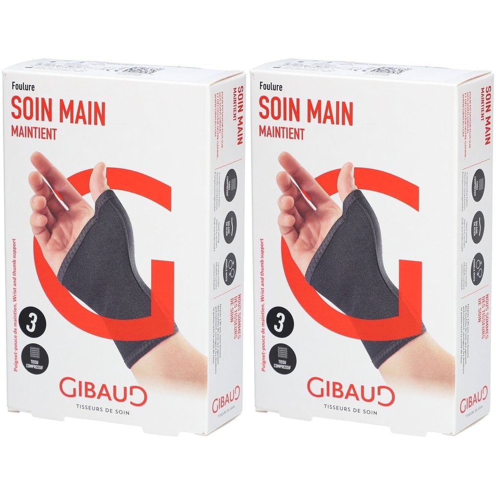 Zwei Verpackungen der Handgelenk-Daumenbandage. Aufdruck: GIBAUD, SOIN MAIN, MAINTIENT. Größe 3.