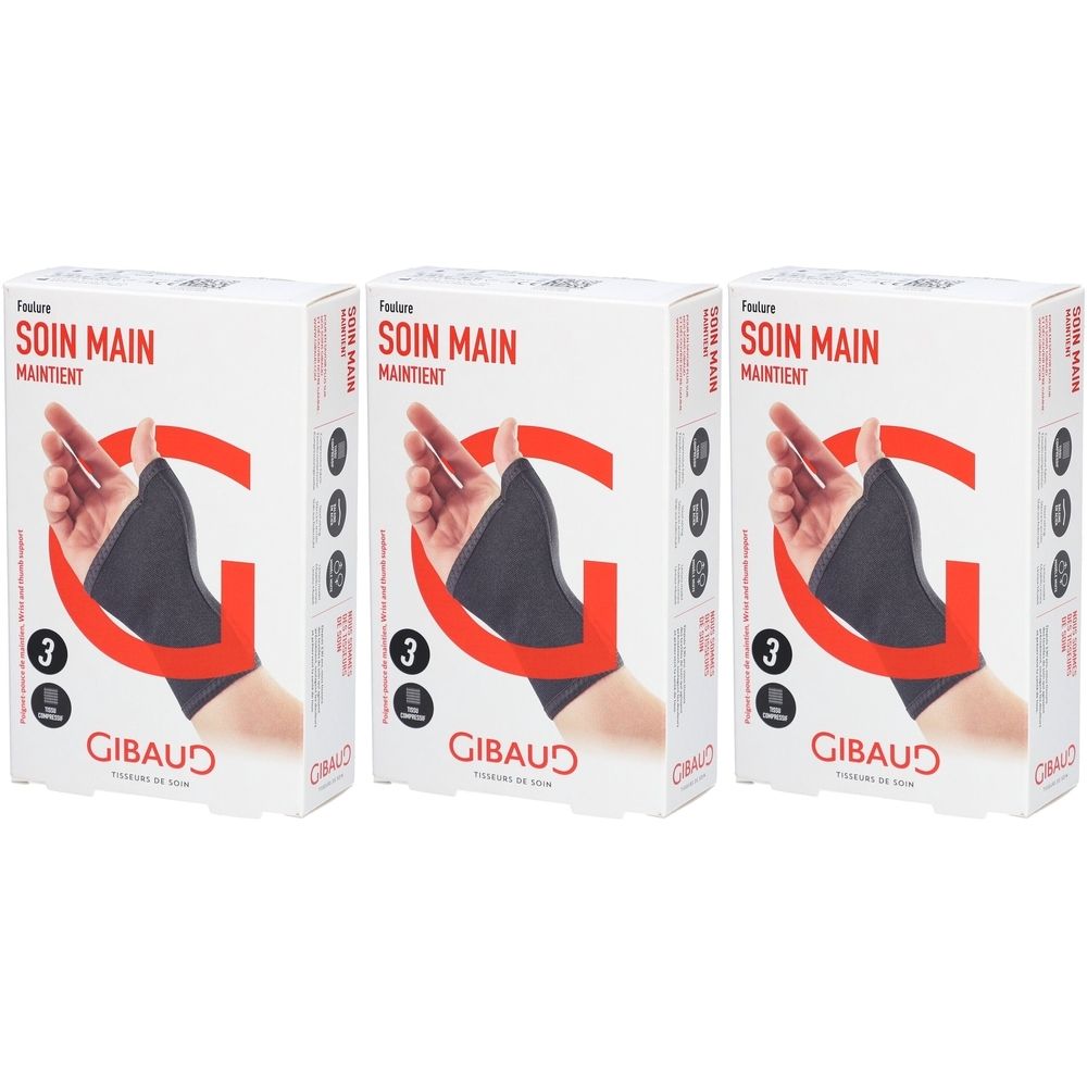 Trois boîtes blanches. Impression: SOIN MAIN MAINTIENT, GIBAUD. Illustration d'une orthèse de maintien de la main, taille 3.