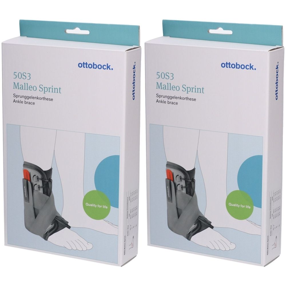 Zwei Ottobock Malleo Sprint Knöchelorthesen in Verpackung. Graue Orthese mit rotem Akzent, auf weißem Karton mit Produktbezeichnung.