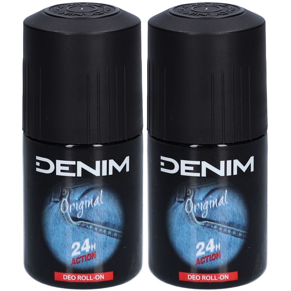 Zwei schwarze Deodorant Roll-Ons. Aufschrift: DENIM, Original, 24H Action. Auf der Verpackung ist eine Jeans abgebildet.