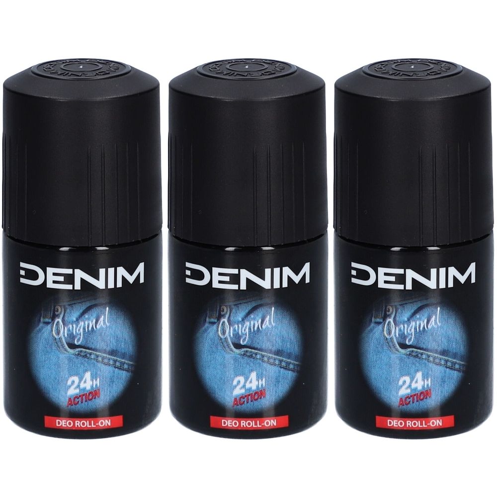 Drei Roll-On-Deodorants. Schwarze Kappen, blaue Jeans-Design-Etiketten. Schriftzug: DENIM Original, 24H Action, DEO ROLL-ON.