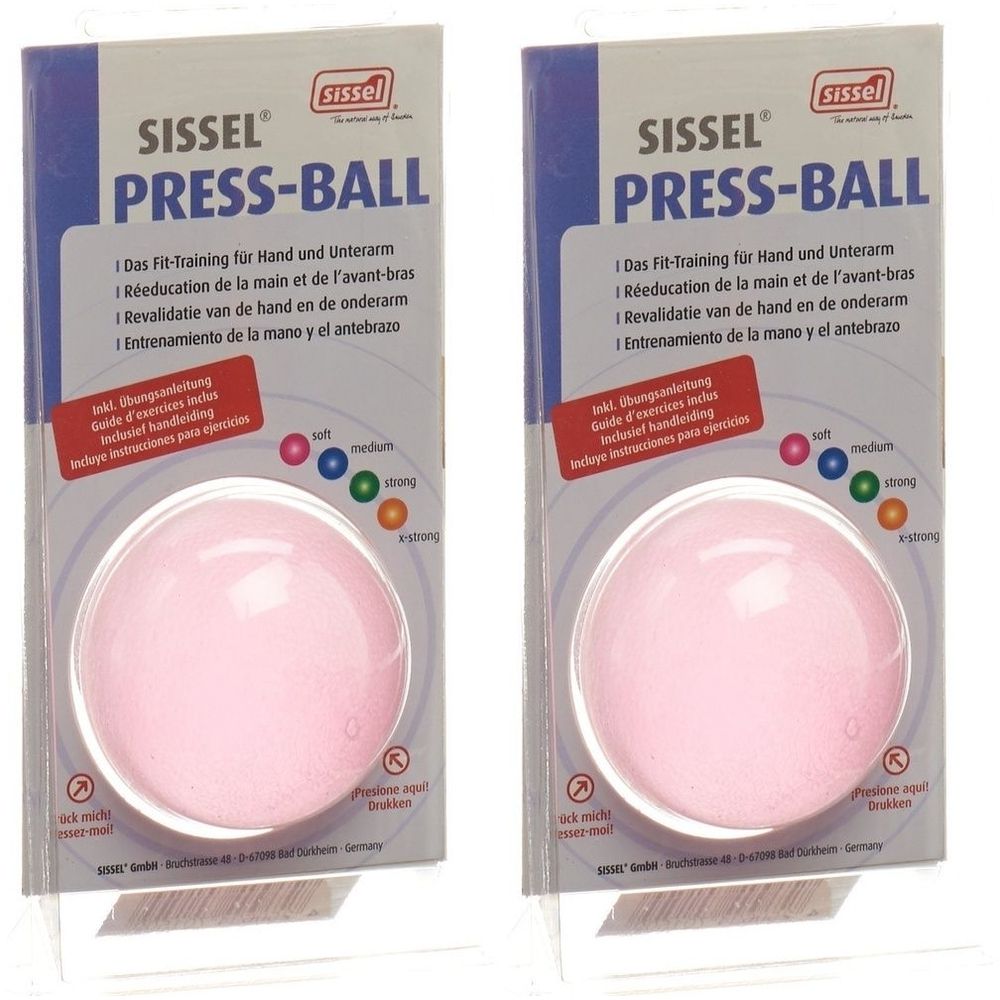 Zwei SISSEL® Press-Ball Souple Rose in Blisterverpackung. Rosa Ball mit Aufdruck. Text: Press-Ball, Fit-Training für Hand und Unterarm.