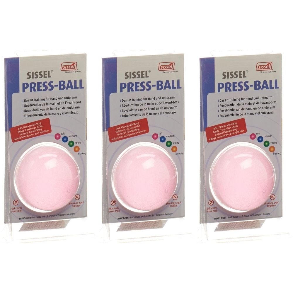Drei SISSEL Press-Ball Souple Rose in Verpackung. Rosa Ball in Blisterverpackung. Aufdruck: SISSEL PRESS-BALL, Text in mehreren Sprachen.