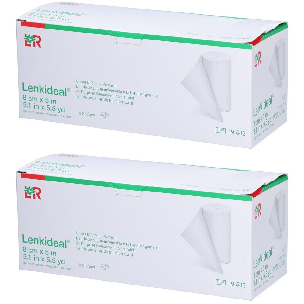 Zwei Kartons mit Lenkideal-Bandagen. Aufdruck: 8 cm x 5 m, 3.1 in x 5.5 yd. Logo: ER. Rolle Verband sichtbar.