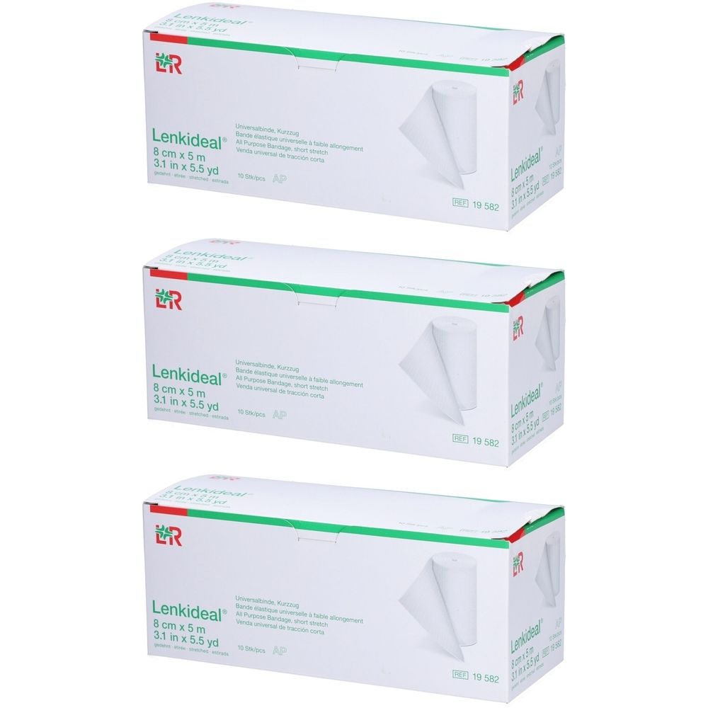 Drei weiße Kartons mit grünem und rotem Akzent. Auf jedem Karton steht "Lenkideal" und Größenangaben. Ein weißes Verbandsmaterial ist sichtbar.
