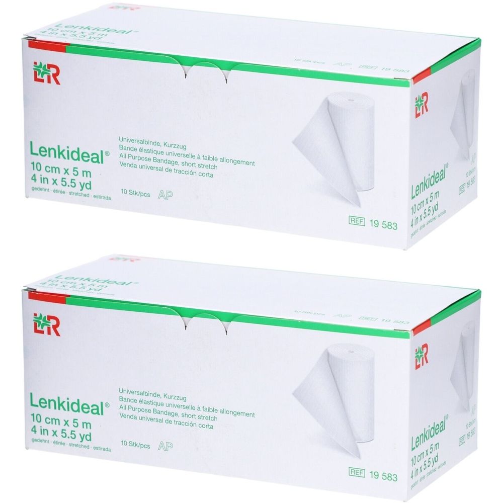 Zwei Kartons Lenkideal® Idealbinde. Aufdruck: 10 cm x 5 m. Rollenverband im Karton. Herstellerlogo.