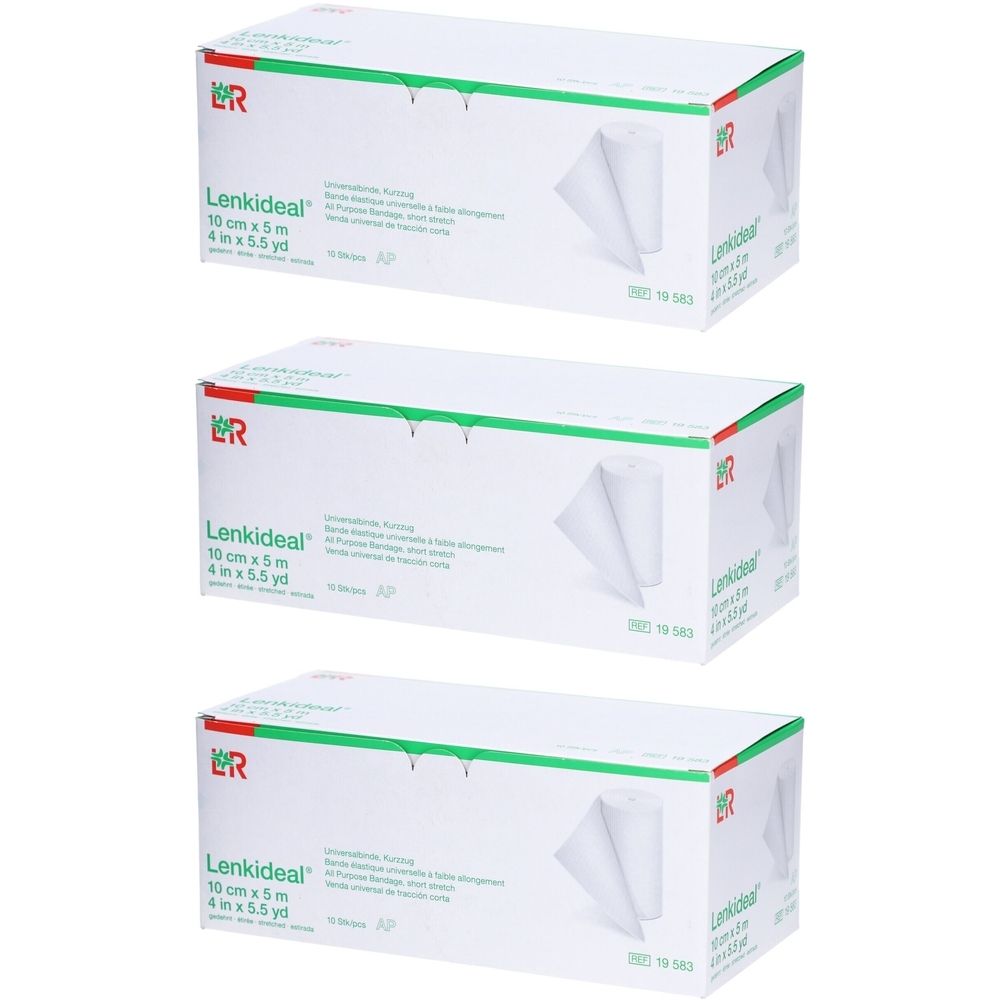 Drei weiße Kartons mit grünen und roten Akzenten. Aufdruck: Lenkideal, 10 cm x 5 m. Gezeigt wird Verbandmaterial.