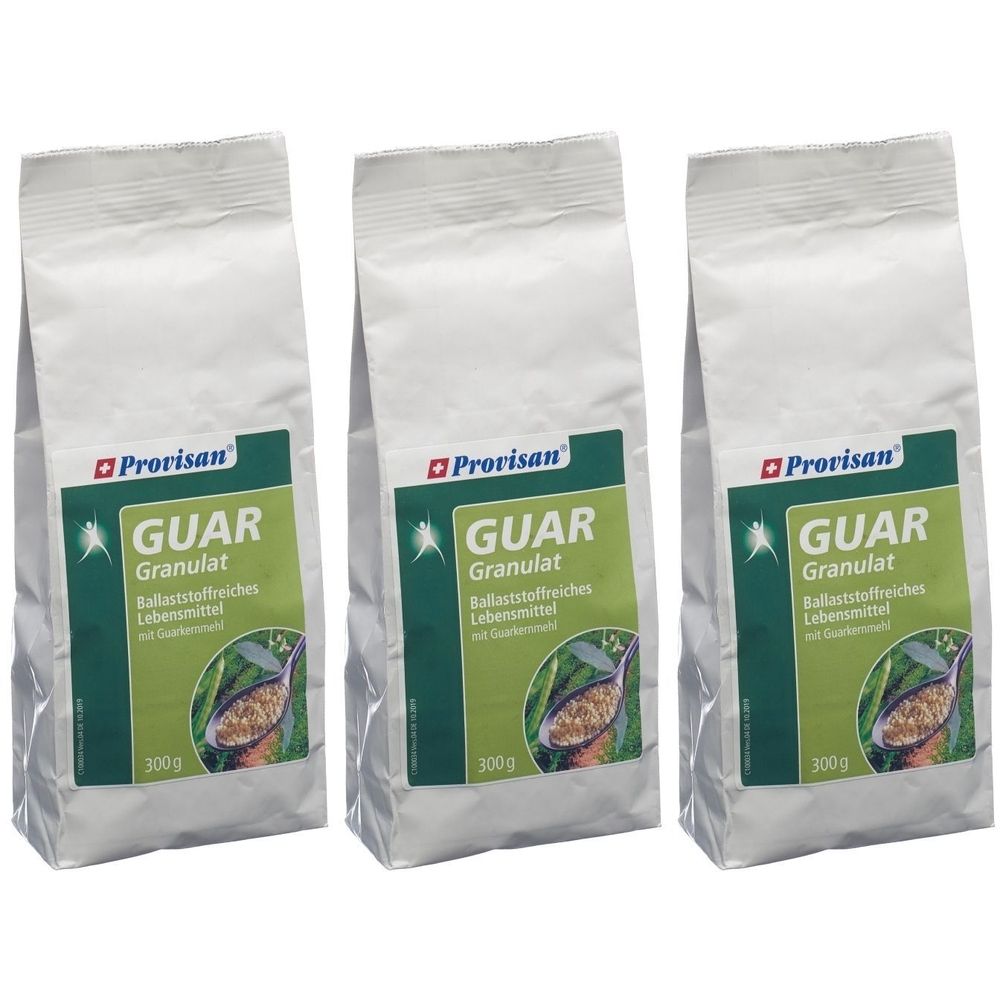 Drei Beutel Provisan Guar Granulat. Weiße Beutel mit grünem Etikett. Aufschrift: Guar Granulat, 300g.