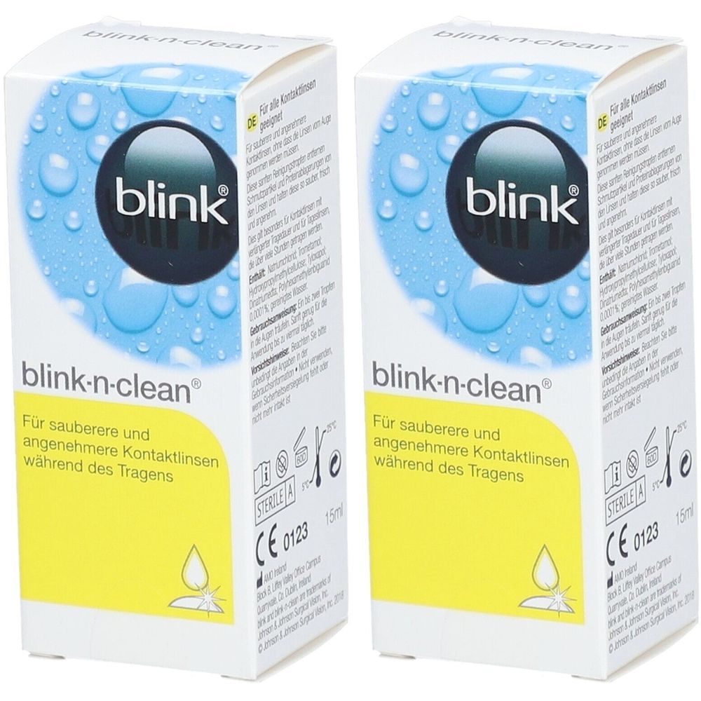 Zwei Schachteln blink-n-clean. Aufdruck: blink, blink-n-clean, Für sauberere und angenehmere Kontaktlinsen während des Tragens. Mit CE-Kennzeichnung.