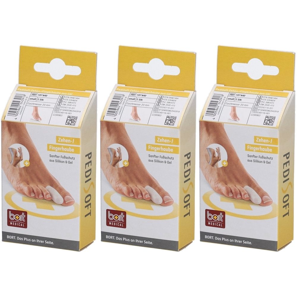 Drei Verpackungen von Bort PediSoft Zehen-/Fingerhaube. Gelbe Kartons mit Produktabbildung und Schriftzug. Marke Bort Medical.
