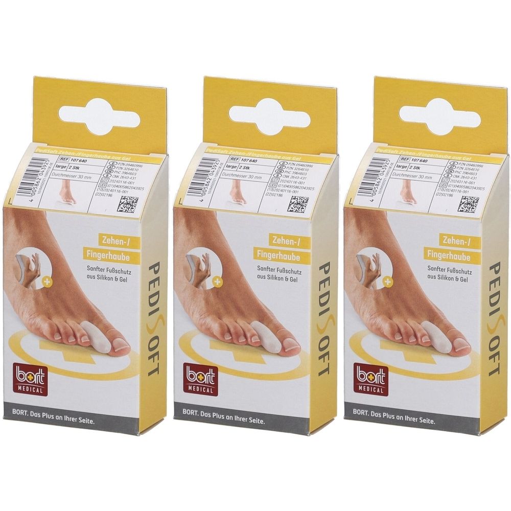 Drei Kartons BORT PediSoft® Zehen-/Fingerhaube. Jeder Karton zeigt einen Fuß mit Zehenschutz. Gelb-weiße Verpackung mit Produktinformationen.