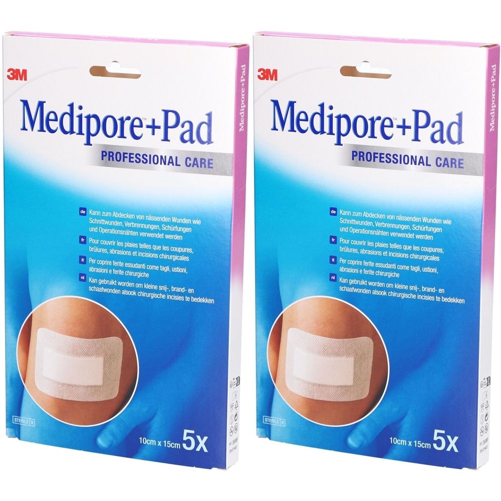 Zwei Packungen 3M Medipore+Pad. Auf jeder Packung ist ein Pflaster auf einer Hautpartie abgebildet. Größe: 10 x 15 cm, 5 Stück.