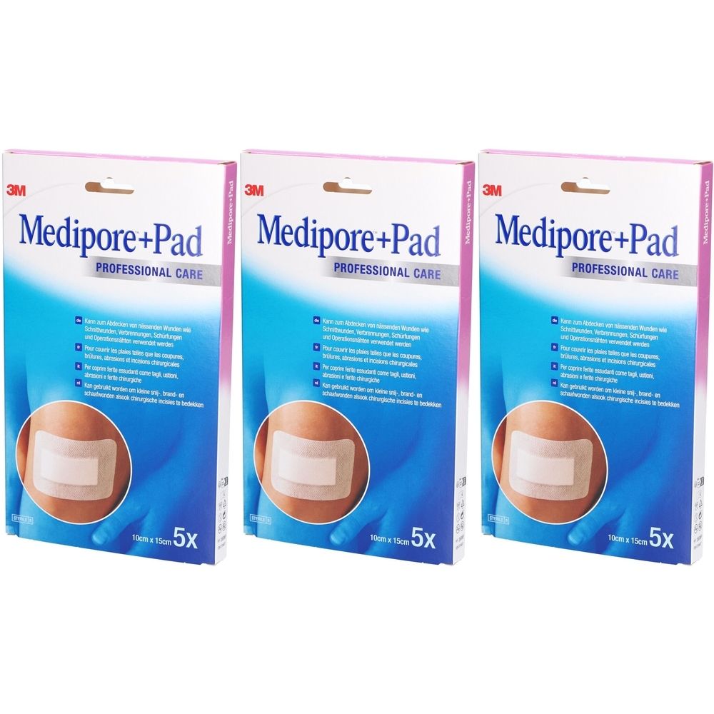 Drei Packungen 3M Medipore+Pad Heftpflaster. Jede Packung zeigt ein Pflaster auf einer Hautabbildung. Aufschrift: PROFESSIONAL CARE.