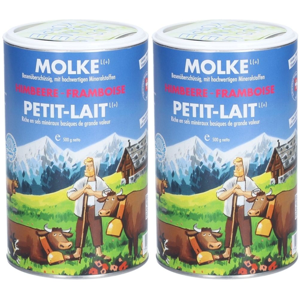 Zwei Dosen Molke Gran Himbeer. Blaue Dosen mit Text: MOLKE, Himbeere, PETIT-LAIT. Abbildung: Mann, Kühe, Berge.