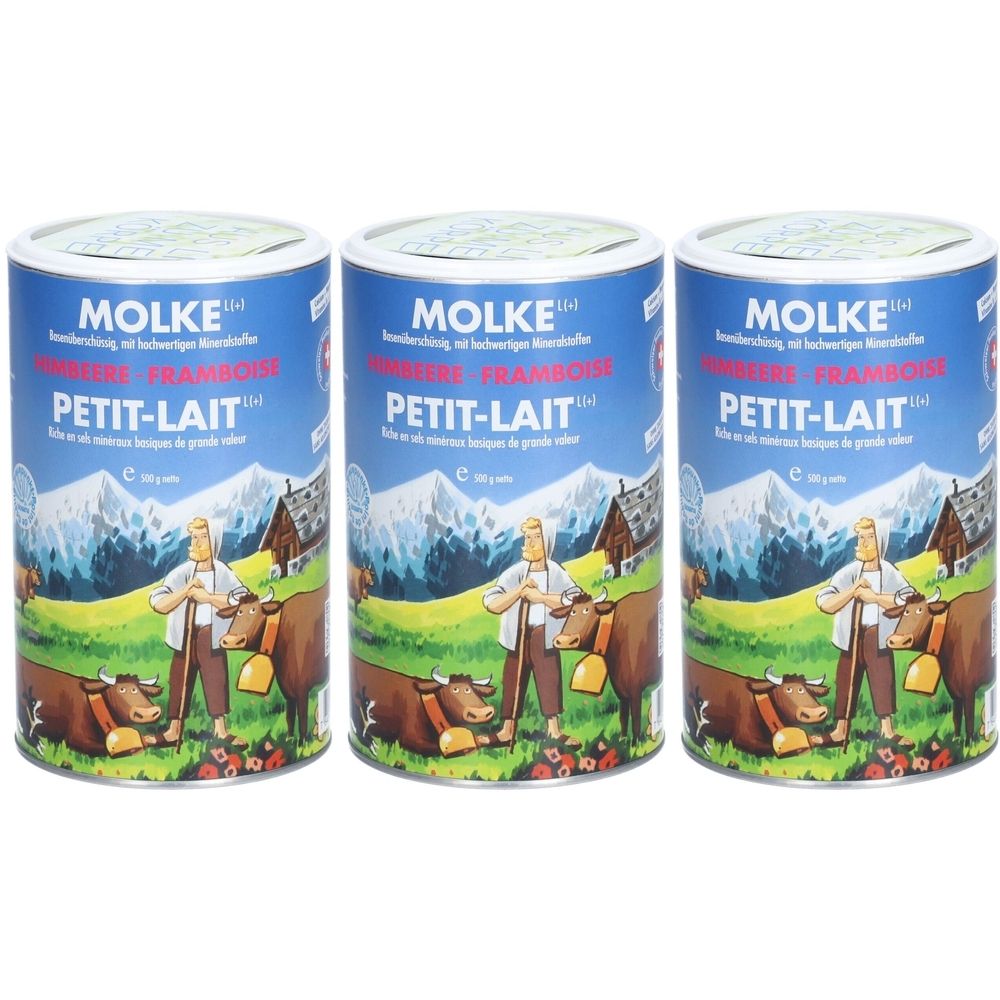 Drei Dosen mit blauem Etikett. Aufschrift MOLKE, FRAMBOISE, PETIT-LAIT. Abbildung von Mann, Kühen und Bergen.