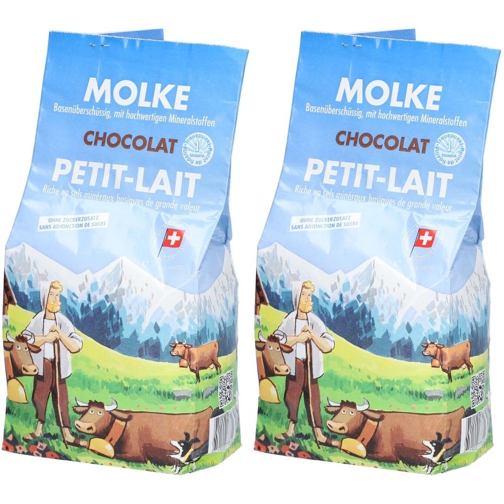 Zwei Beutel mit "MOLKE CHOCOLAT PETIT-LAIT"-Aufdruck. Schweizer Kreuz. Abbildung von Kühen und einem Mann.