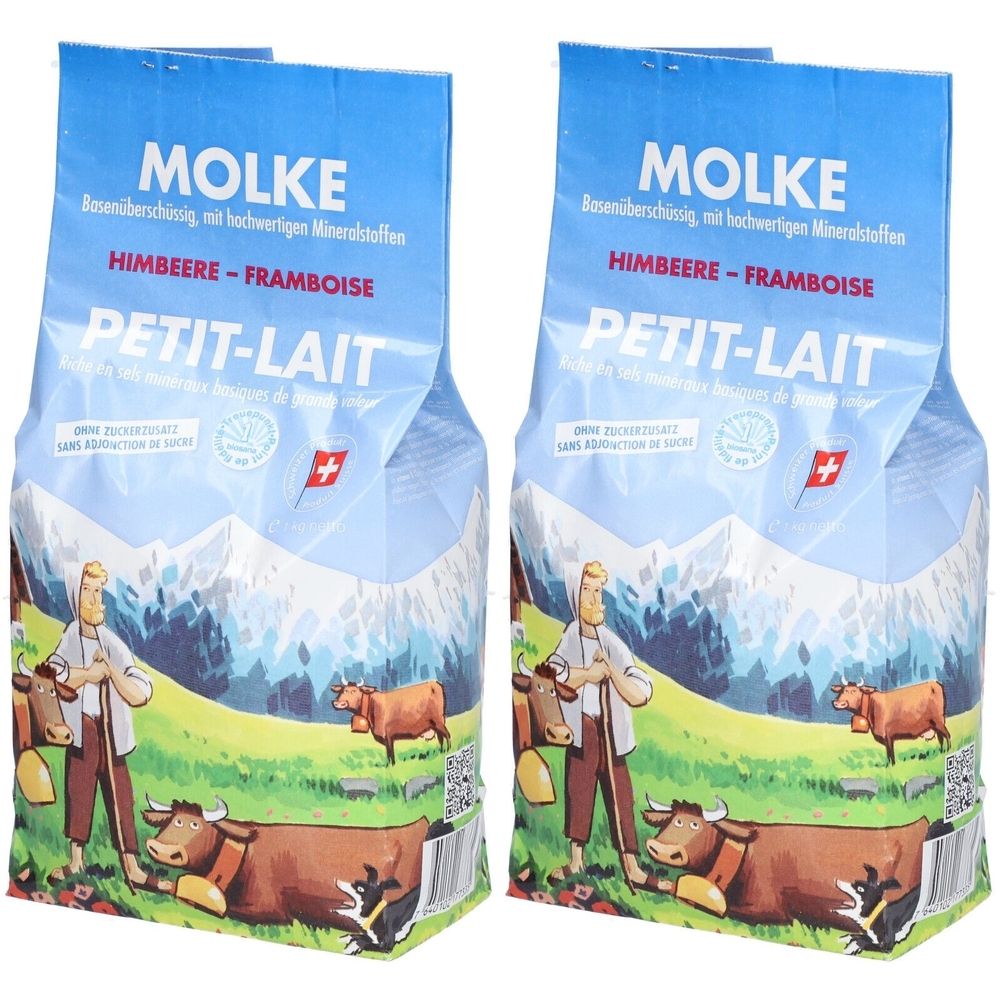 Zwei Beutel Molke Gran Himbeer. Blaue Verpackung mit Aufdruck. Text: Molke, Himbeere-Framboise, Petit-Lait. Schweizer Kreuz.