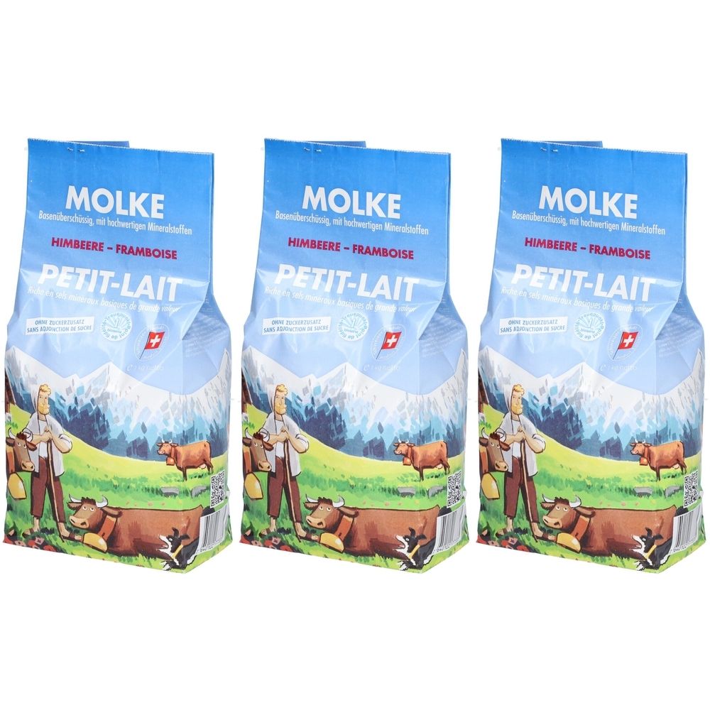 Drei Beutel Molke Gran Himbeer. Blaue Verpackung mit Text: MOLKE, Himbeere-Framboise, Petit-Lait. Schweizer Kreuz.