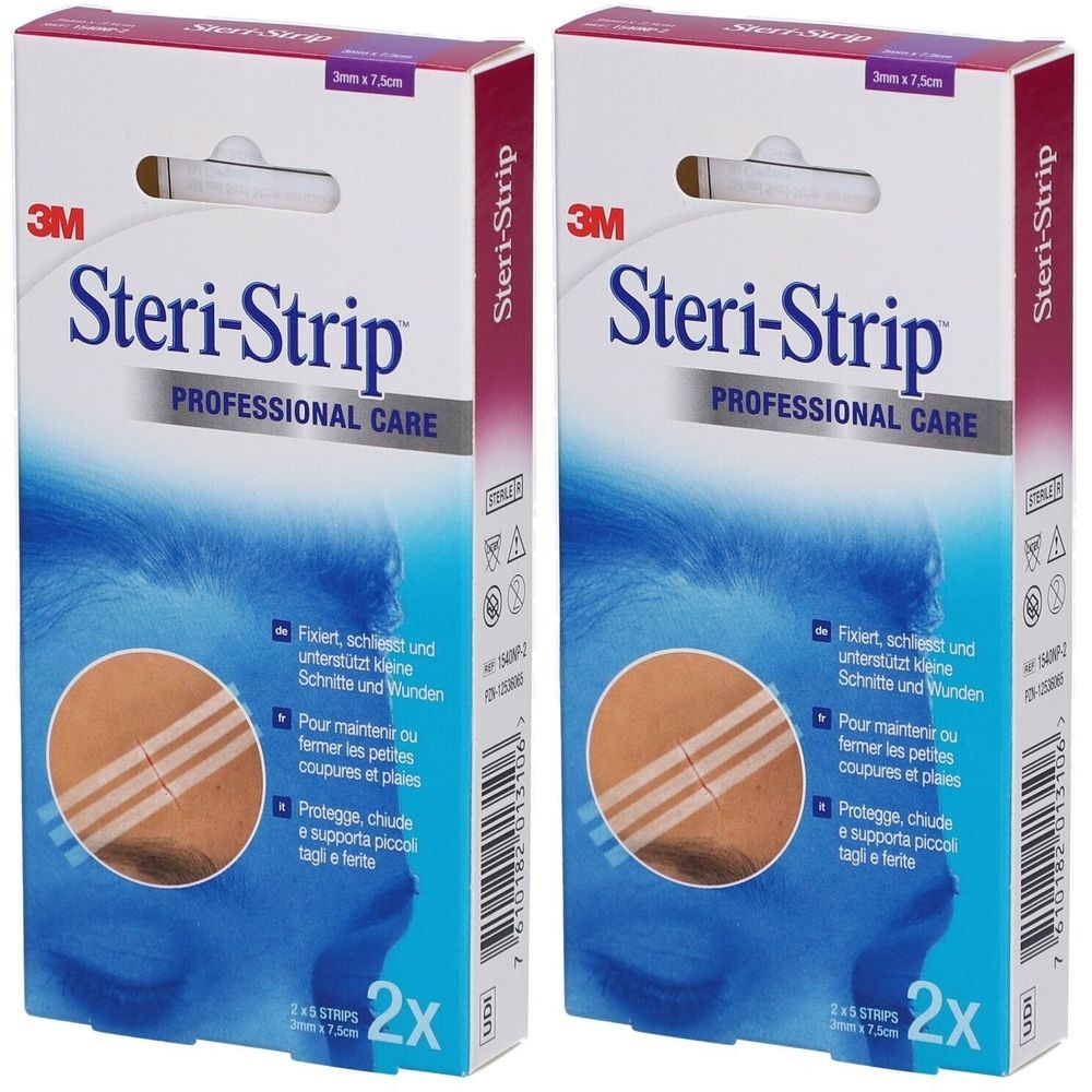 Zwei Packungen 3M Steri-Strip. Auf jeder Packung steht der Produktname, die Marke und die Aufschrift PROFESSIONAL CARE. Die Packungen zeigen Hautnahtmaterial.