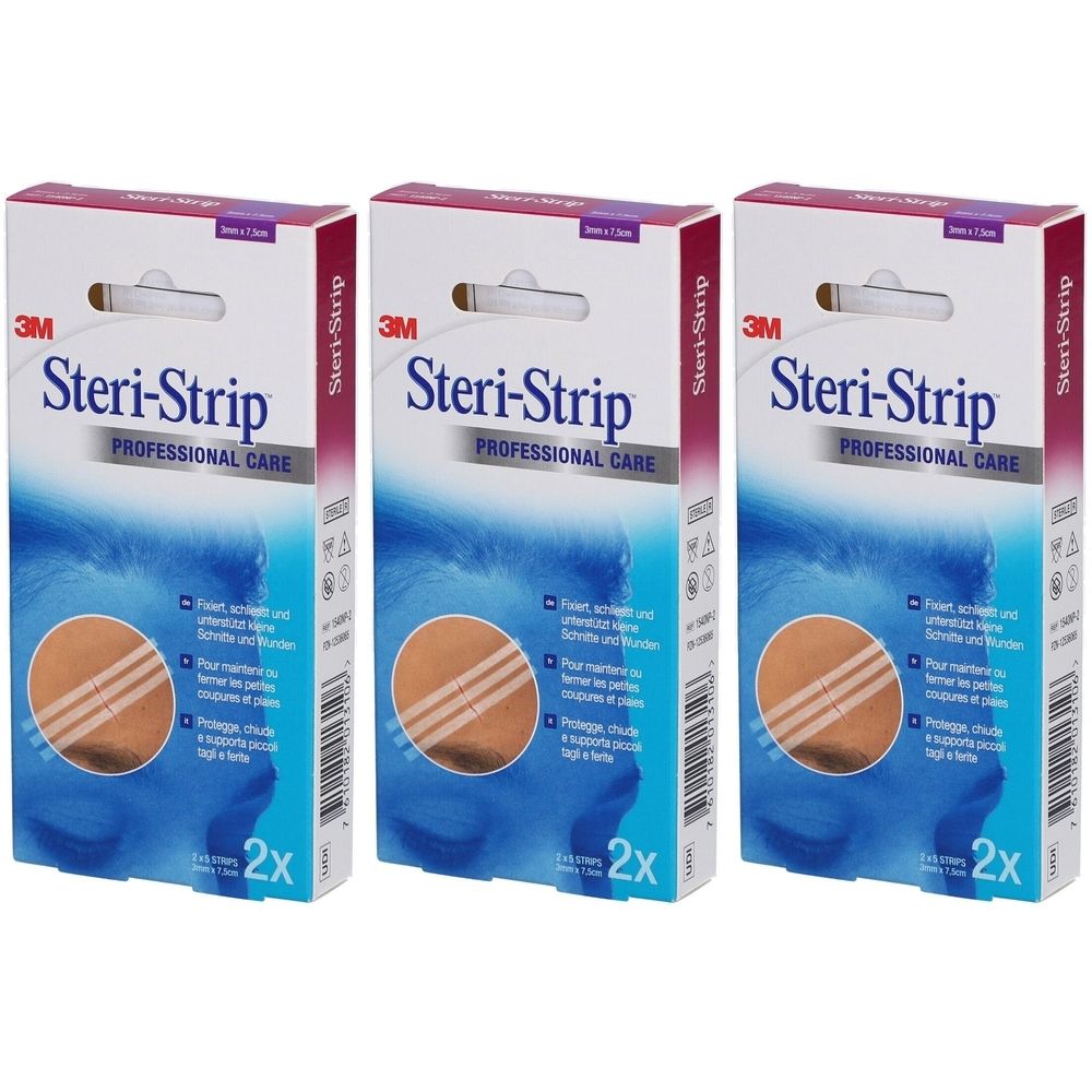 Drei Packungen mit Hautnahtmaterial. Jede Packung zeigt das Logo von 3M Steri-Strip und enthält 2 Stück.