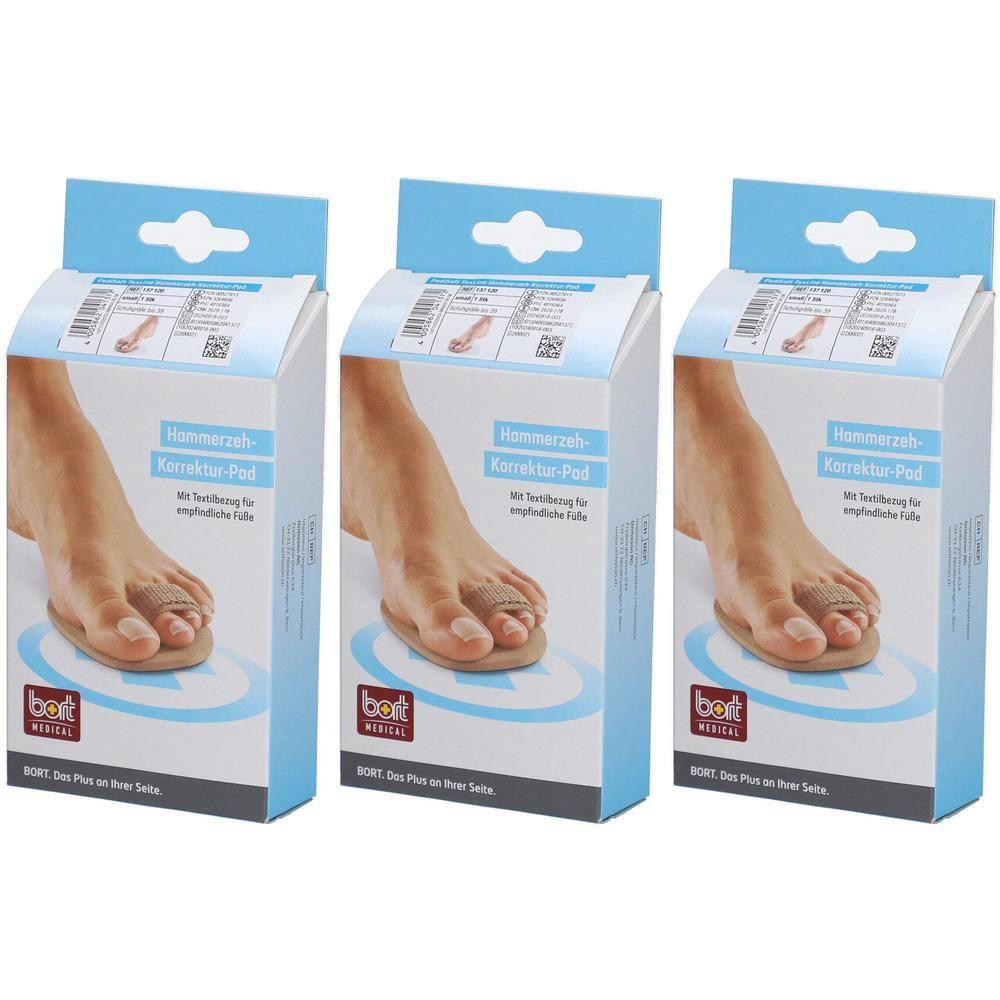 Trois paquets de coussinets correcteurs pour orteils en marteau avec logo Bort Medical et illustration de pied.